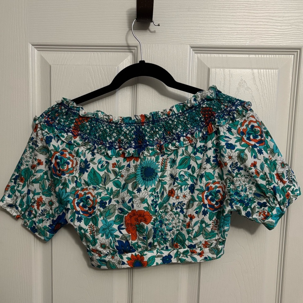 NEW LORETTA CAPONI | Florinda Floral Smocked Cotton Crop Top in Surfinas Sz XS - Picture 3 of 9